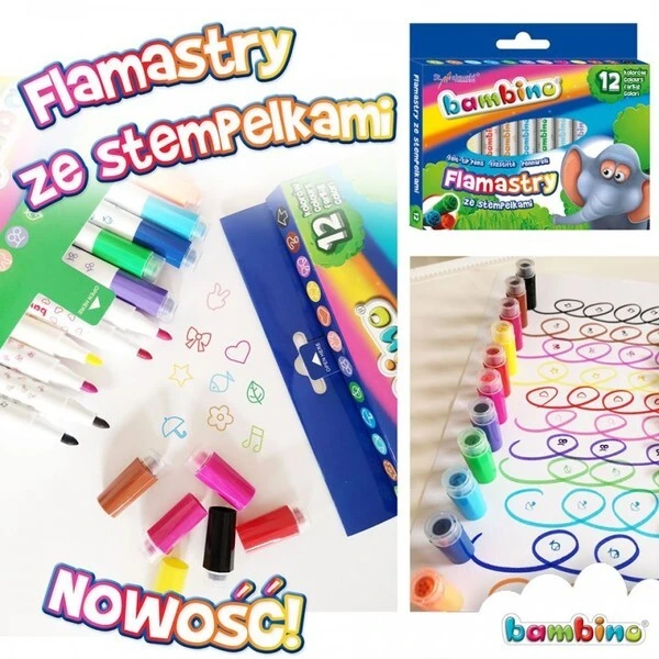 Flamastry Bambino ze stempelkami 12 kolorów