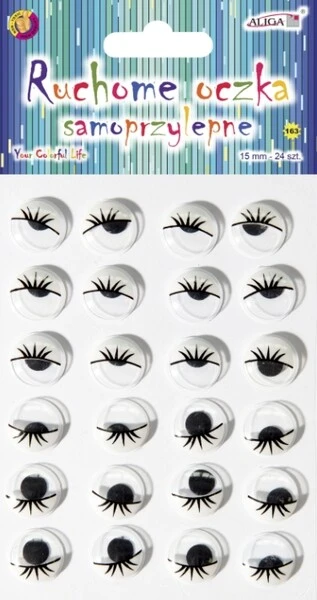 Ruchome oczka samoprzylepne z rzęskami 15mm 24szt