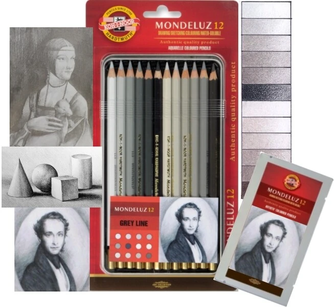 Kredki akwarelowe Koh-I-Noor Mondeluz 12 kol szarości i srebra w metalowym opakowaniu