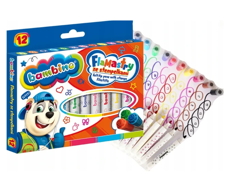 Flamastry Bambino ze stempelkami 12 kolorów