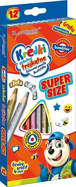 Kredki ołówkowe trójkątne SUPER SIZE 12 kol + temperówka