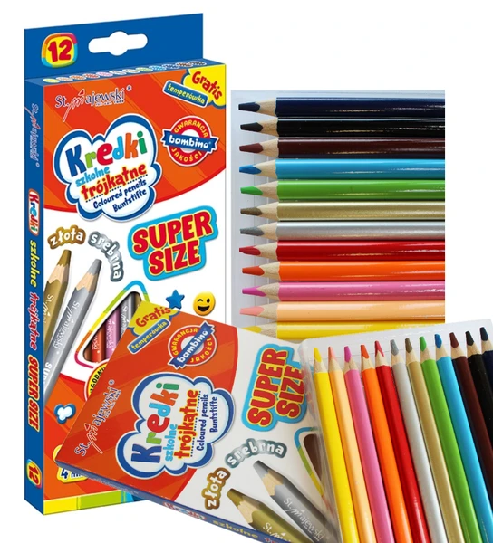 Kredki ołówkowe trójkątne SUPER SIZE 12 kol + temperówka