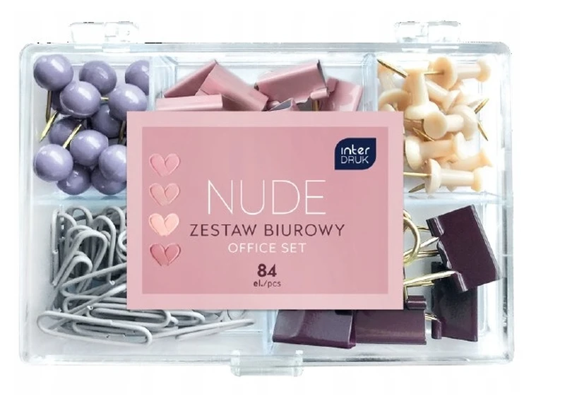 Zestaw biurowy 84 elem. spinacze, pinezki, klipy Nude