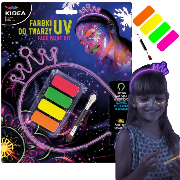 Farbki do malowania twarzy UV+ opaska Świecąca w ciemności Kidea