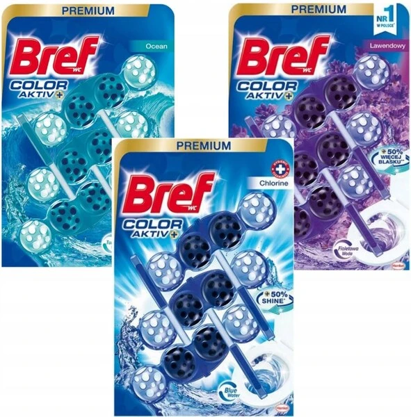 3x Bref Power Aktiv Color zawieszka kostka do WC Flowers Ocean Chlorine 3x50g