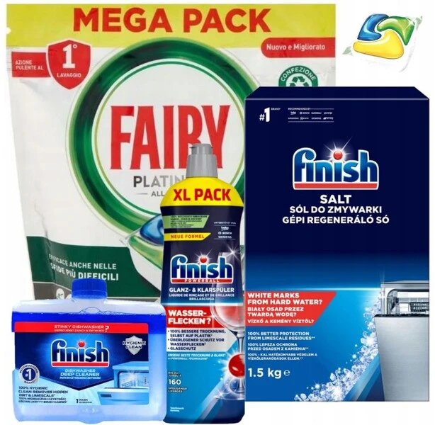 Mega Zestaw do Zmywarki Finish Sól Czyścik Nabłyszczacz Fairy Tabletki