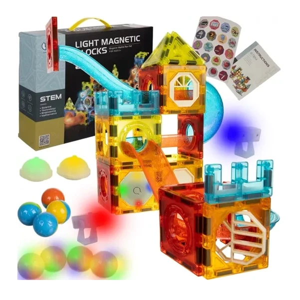 Klocki magnetyczne Świecące Konstrukcyjne Edukacyjny Tor Kulkowy 77 elem.