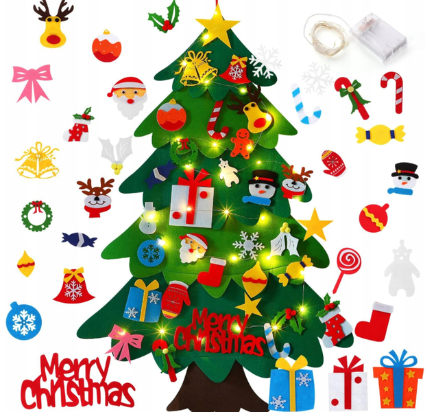 Choinka filcowa dla dzieci Świąteczna 70x100 światełka LED zabawka rzep