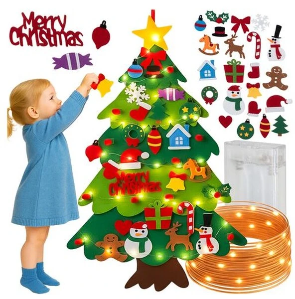 Choinka filcowa dla dzieci Świąteczna 70x100 światełka LED zabawka rzep