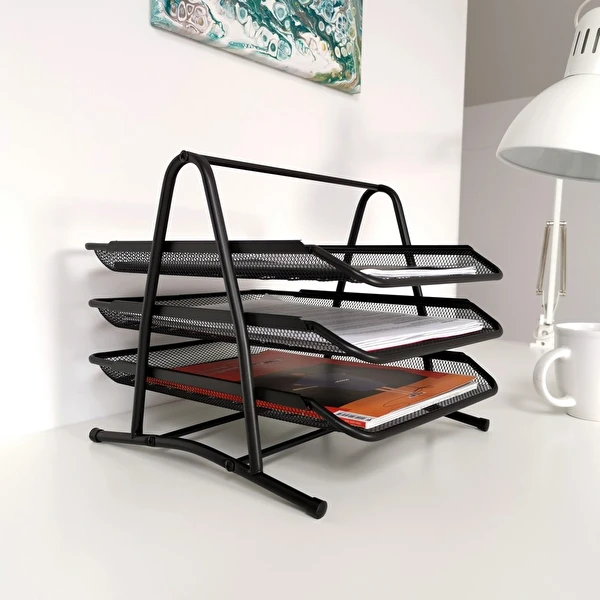 Szuflady na dokumenty 3 półki metalowe siatka A4 czarne