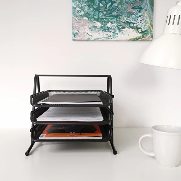 Szuflady na dokumenty 3 półki metalowe siatka A4 czarne