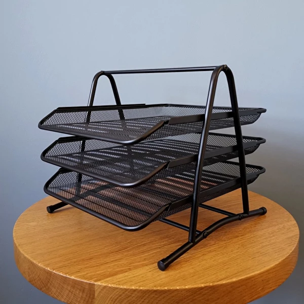 Szuflady na dokumenty 3 półki metalowe siatka A4 czarne