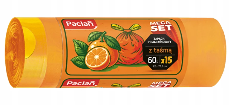 Worki na śmieci z taśmą Paclan 60L x 15szt zapachowe pomarańczowe