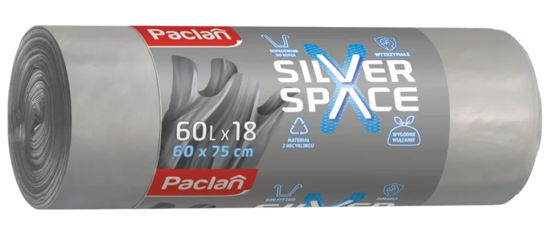 Worki na śmieci 60L 18 szt Mocne Wiązane Paclan Silver Space