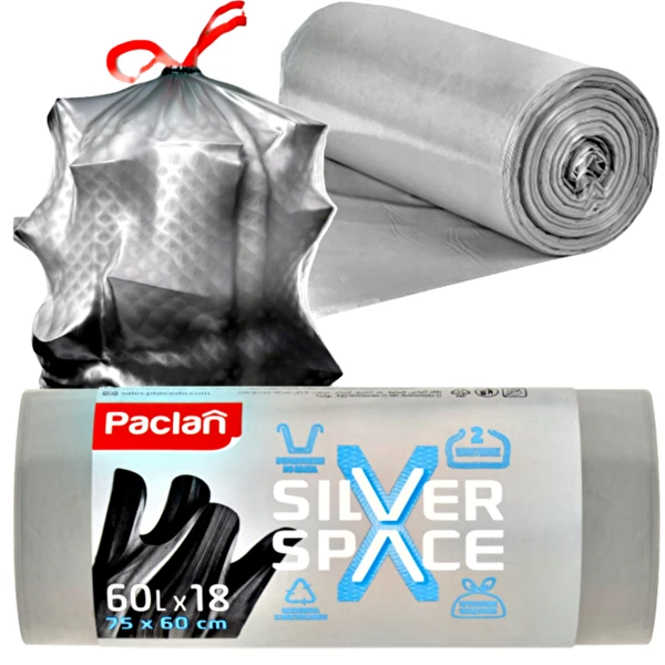 Worki na śmieci 60L 18 szt Mocne Wiązane Paclan Silver Space