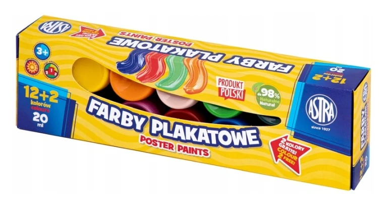 Farby plakatowe szkolne ASTRA zestaw 12 + 2 kolory 20ml, intensywne kolory!