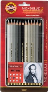 Kredki akwarelowe Koh-I-Noor Mondeluz 12 kol szarości i srebra w metalowym opakowaniu
