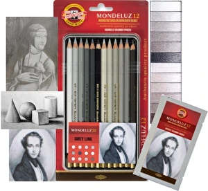 Kredki akwarelowe Koh-I-Noor Mondeluz 12 kol szarości i srebra w metalowym opakowaniu