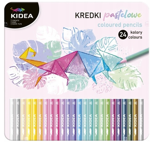 Kredki trójkątne pastelowe opakowanie metalowe 24 kolory KIDEA