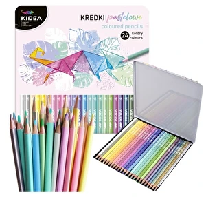 Kredki trójkątne pastelowe opakowanie metalowe 24 kolory KIDEA