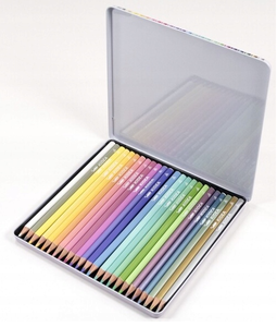 Kredki trójkątne pastelowe opakowanie metalowe 24 kolory KIDEA