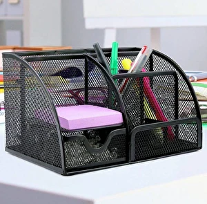 Przybornik na biurko organizer siatka 6 komór+ szufladka czarny