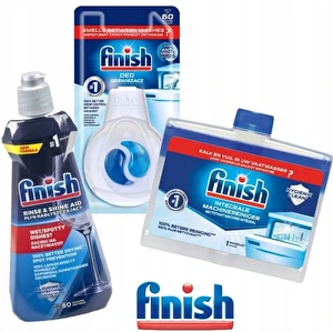 Zestaw FINISH Płyn do czyszczenia zmywarki  + odświeżacz + nabłyszczacz 3w1
