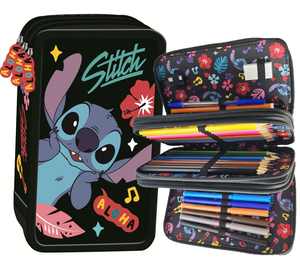 Piórnik szkolny potrójny z wyposażeniem STITCH Black Aloha