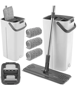 Mop Płaski z Wyciskaczem Duże dwukomorowe wiadro 8,5L + 3 nakładki